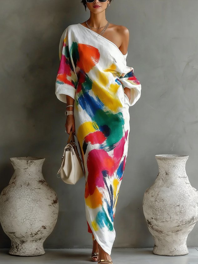 Delphine | One Shoulder Painted Print Maxi Dress