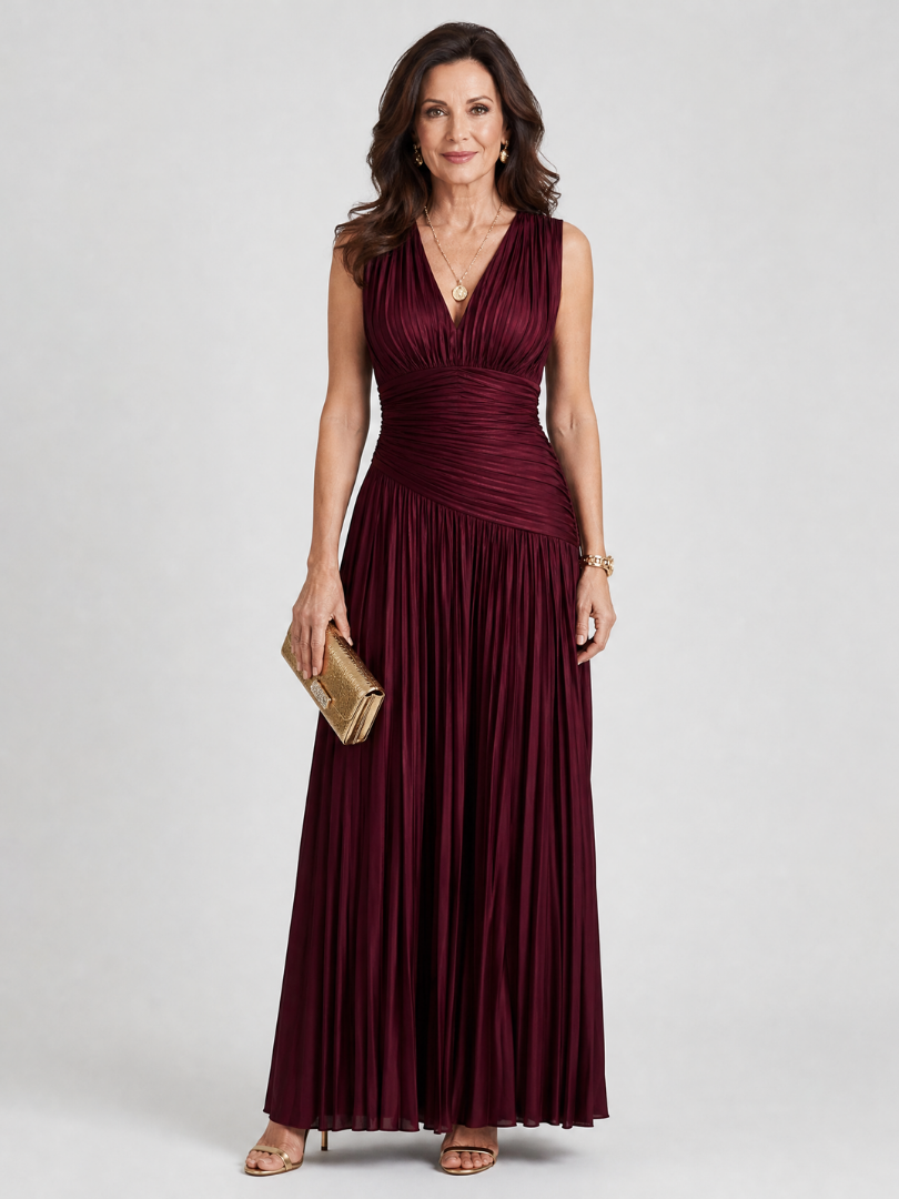 Signe | Pleated V Neck Midi Dress