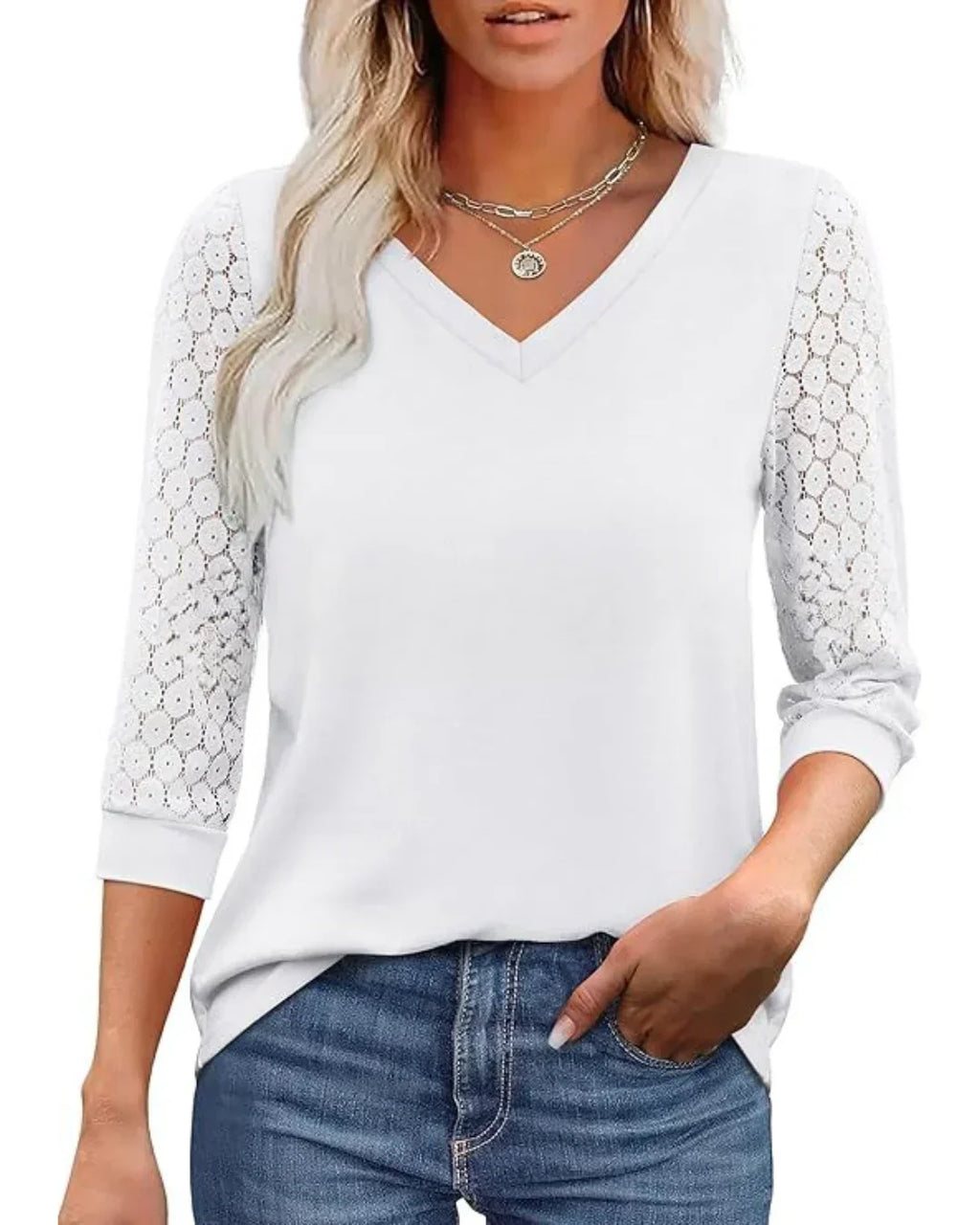 Lace-Sleeve Casual V-Neck Blouse