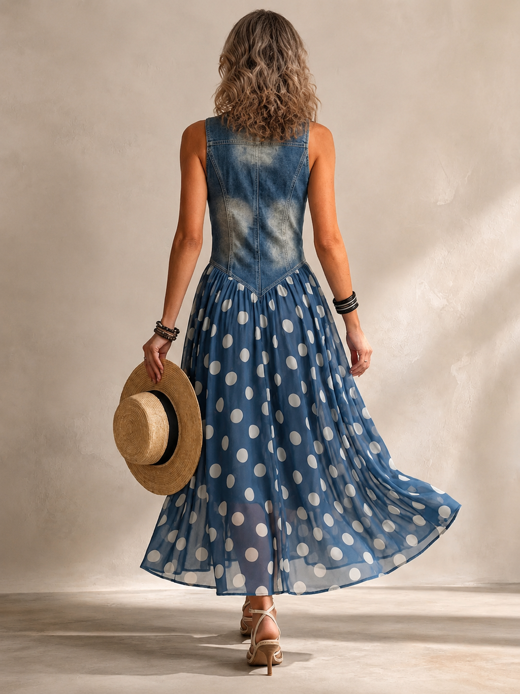 Adeline | Long Polka Dot Denim Dress