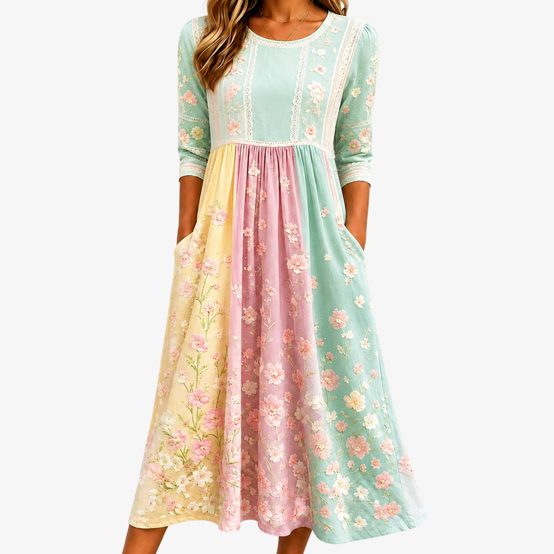 Garden Blossom Patchwork Pocket Midi Dress