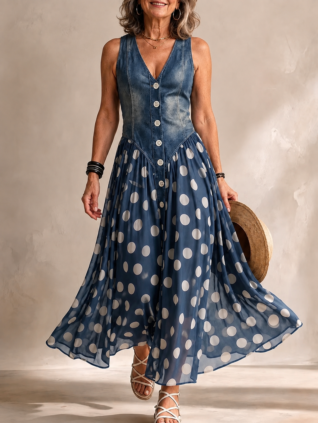 Adeline | Long Polka Dot Denim Dress