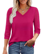Lace-Sleeve Casual V-Neck Blouse
