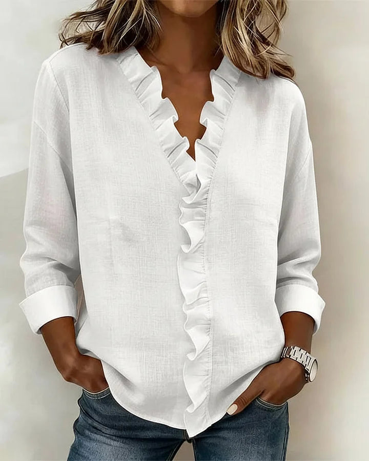 Indie | Blouse à volants, col en V et manches longues