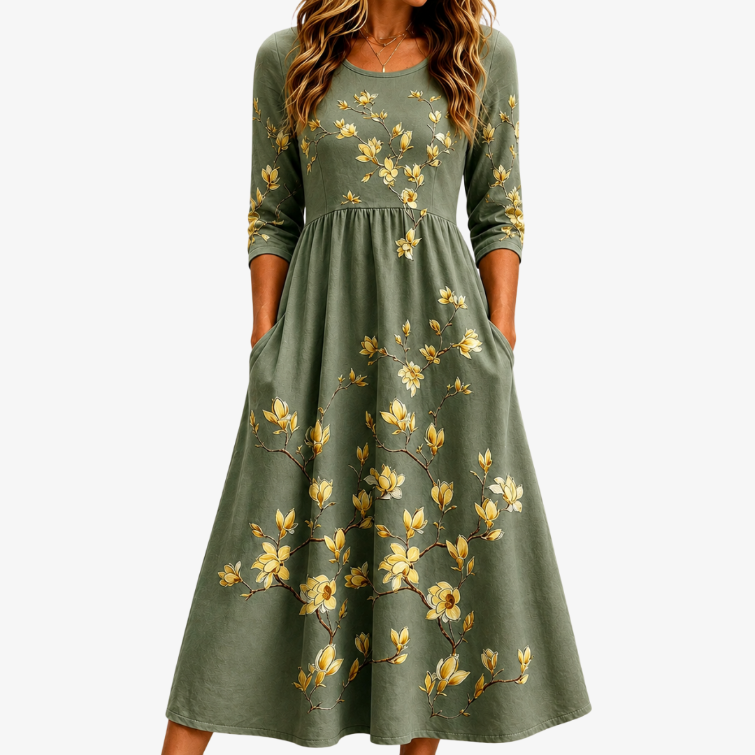 Olive Blossom Grace Pocket Midi Dress
