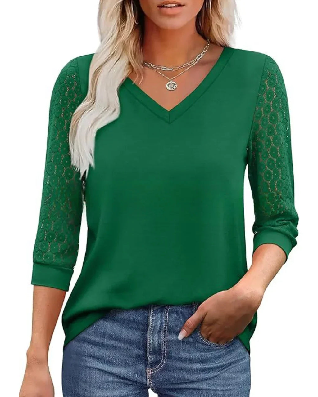 Lace-Sleeve Casual V-Neck Blouse