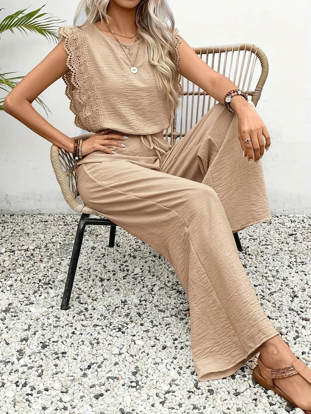 Zella Elegant Two-Piece Set | Lace-Trimmed Top and Wide-Leg Trousers