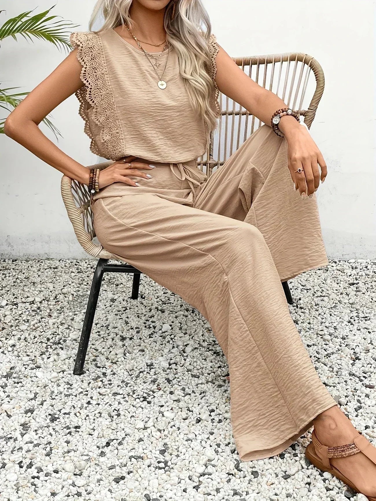 Zella Elegant Two-Piece Set | Lace-Trimmed Top and Wide-Leg Trousers