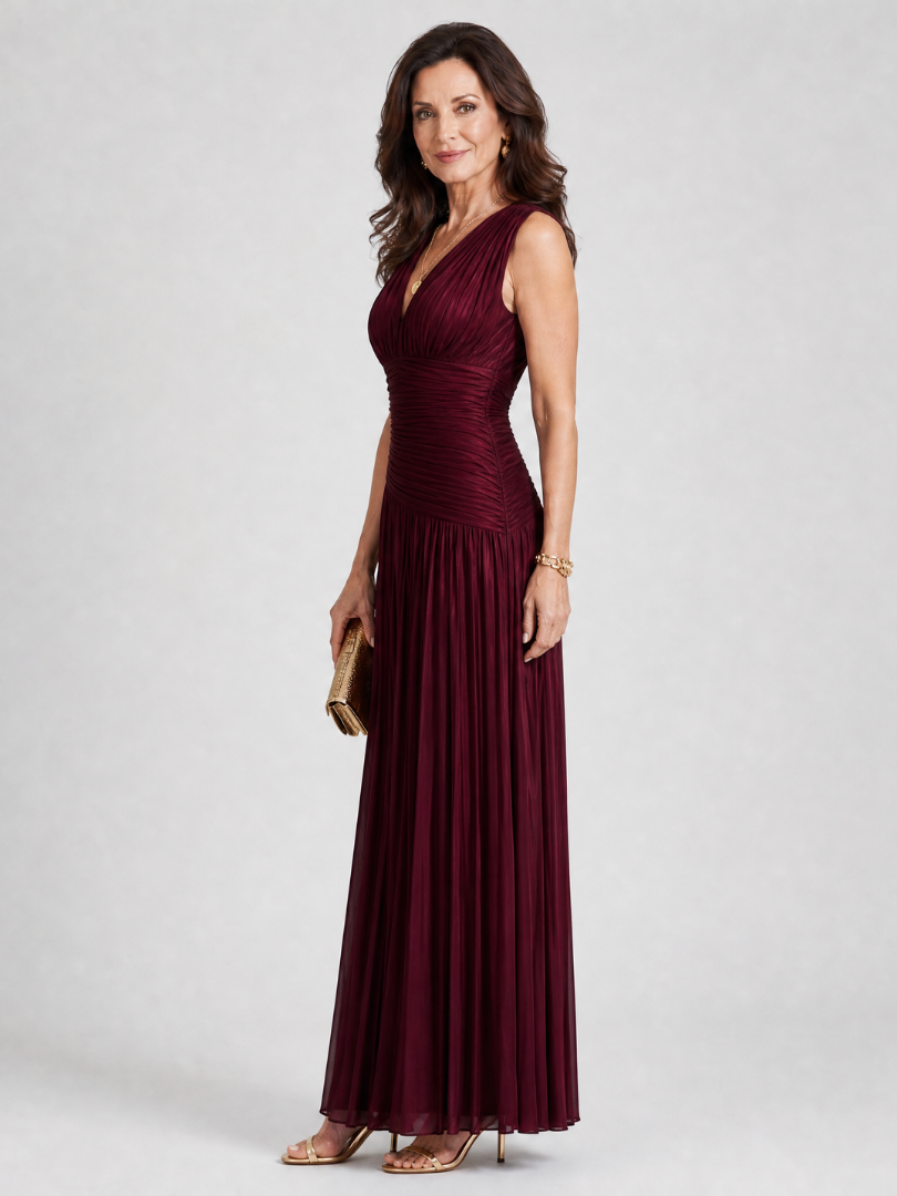 Signe | Pleated V Neck Midi Dress
