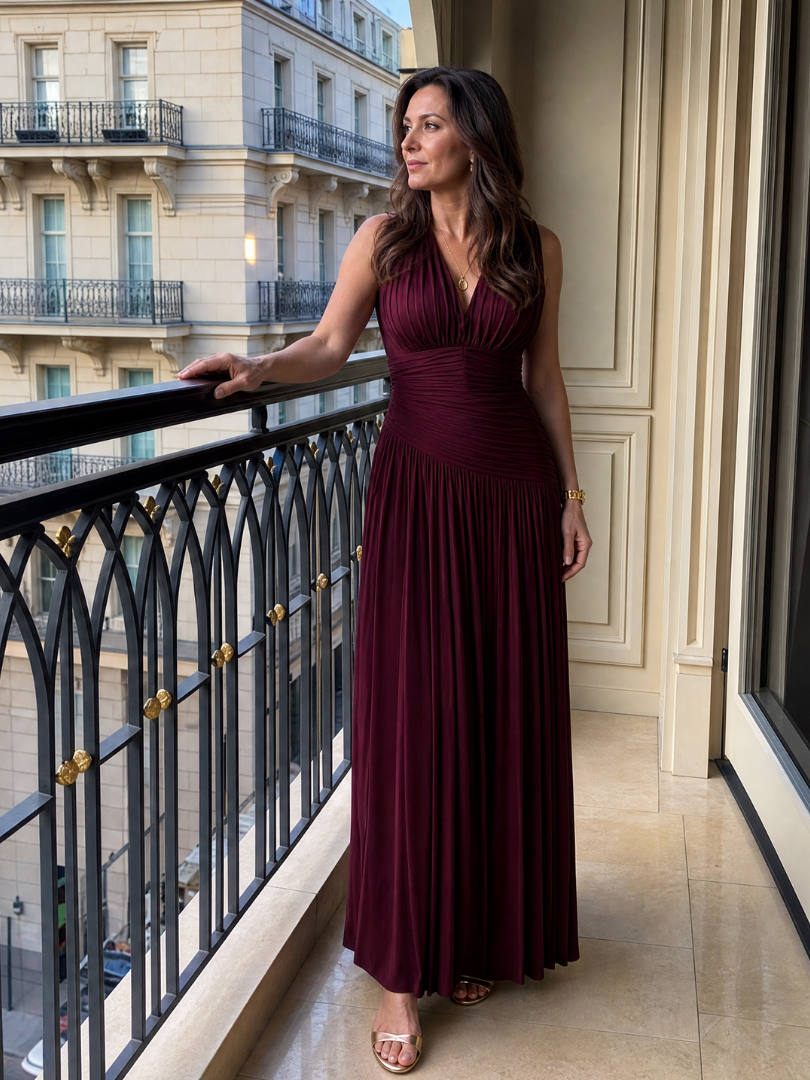 Signe | Pleated V Neck Midi Dress