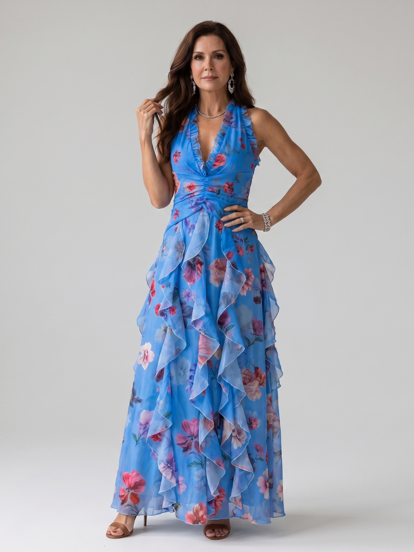 Nori | Robe longue à volants et licou imprimé floral