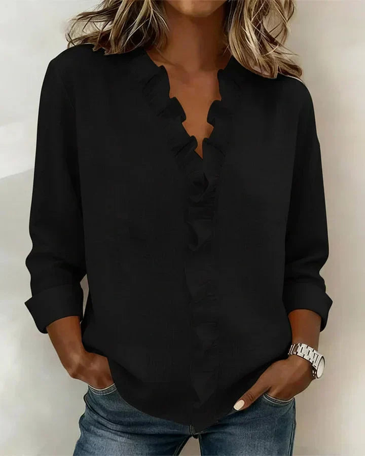 Indie | Blouse à volants, col en V et manches longues