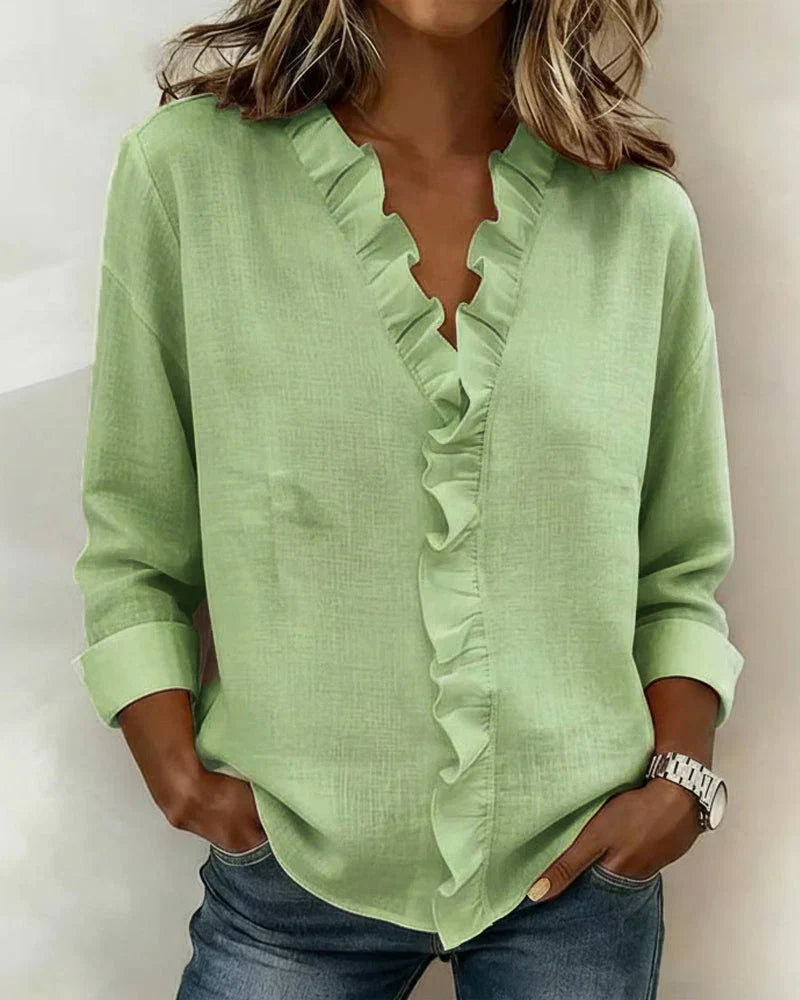 Indie | Blouse à volants, col en V et manches longues