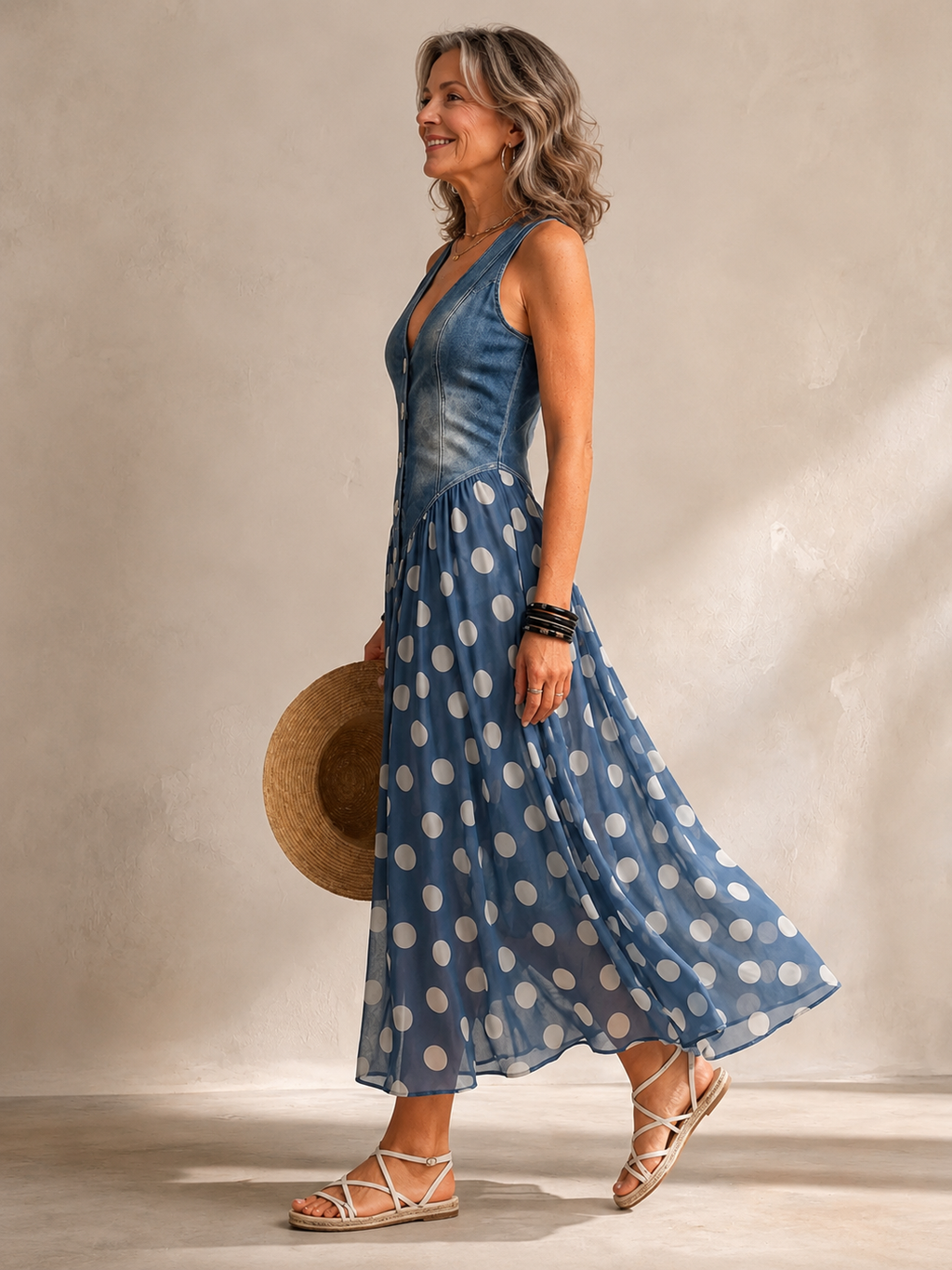 Adeline | Long Polka Dot Denim Dress