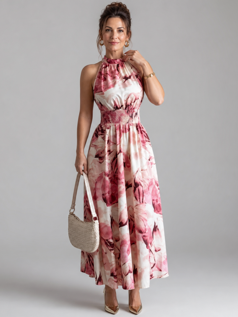 Olivia | Robe Midi Imprimée à Taille Froncée