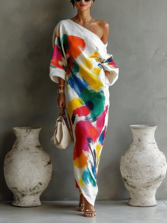 Delphine | One Shoulder Painted Print Maxi Dress