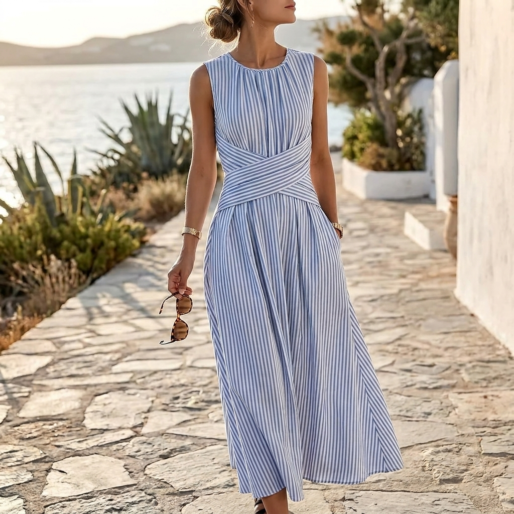 Margot | Striped Wrap Waist Midi Dress
