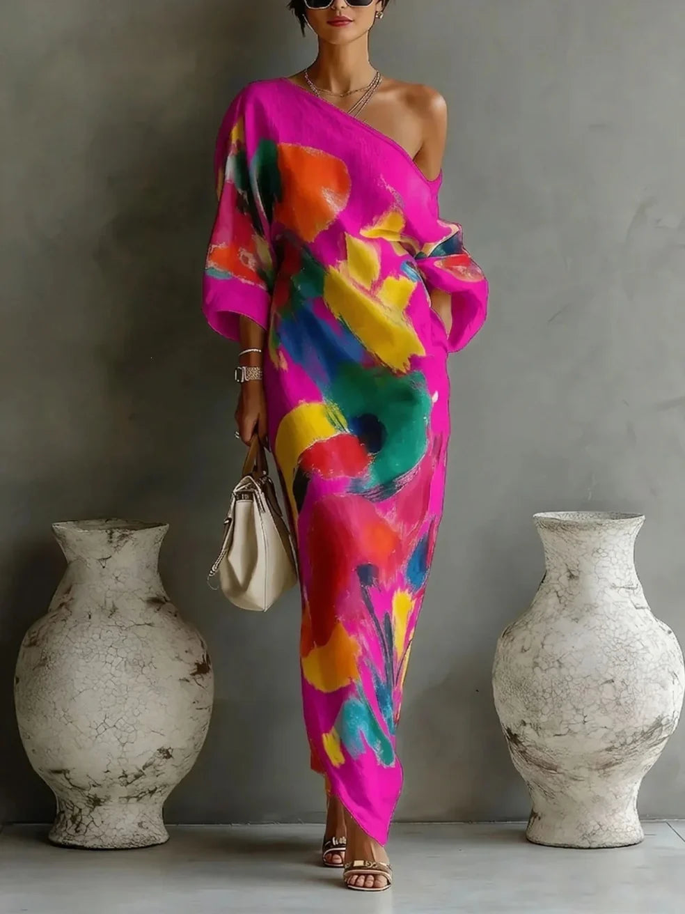 Delphine | Robe longue asymétrique à imprimé peint
