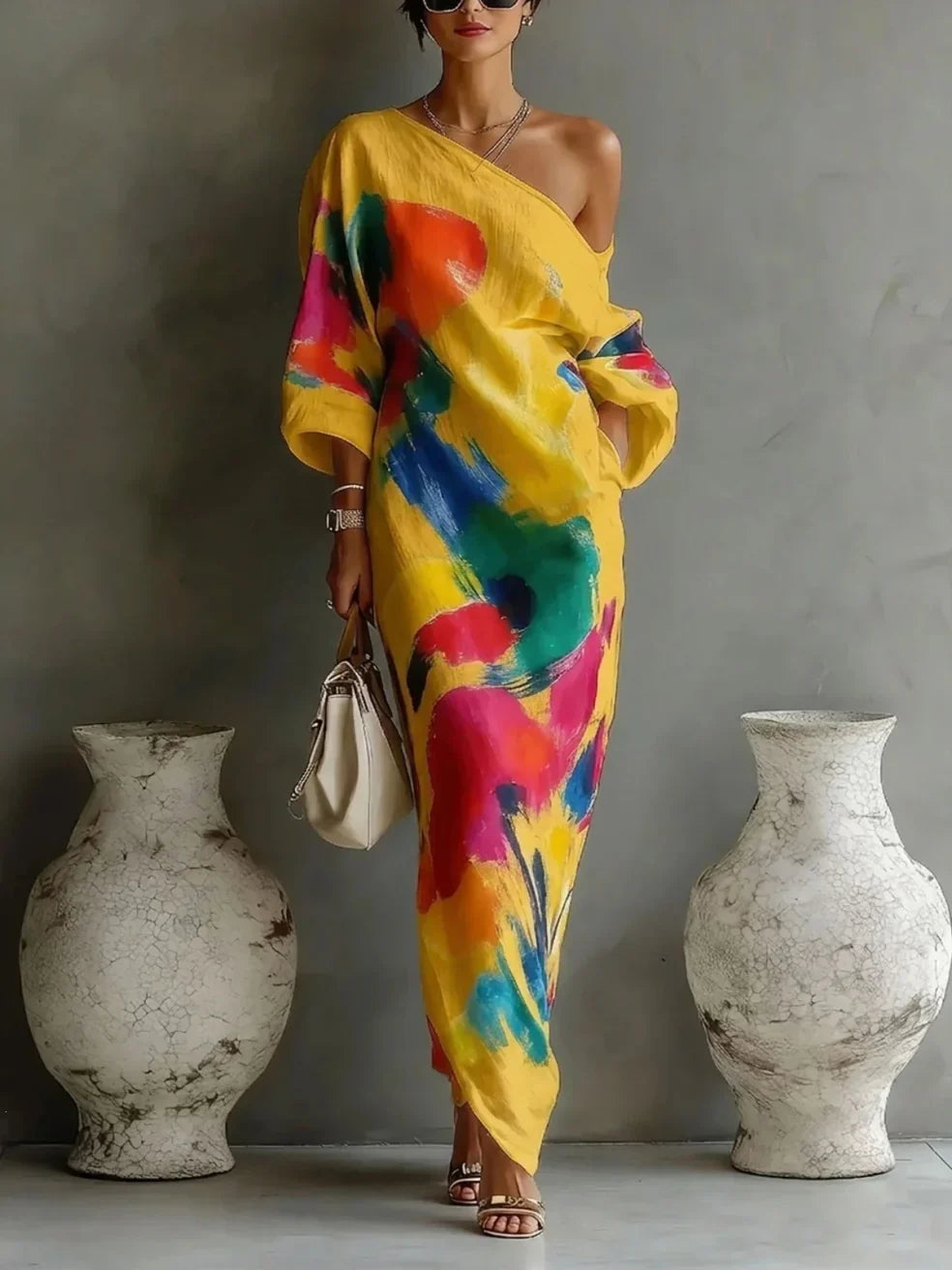 Delphine | Robe longue asymétrique à imprimé peint