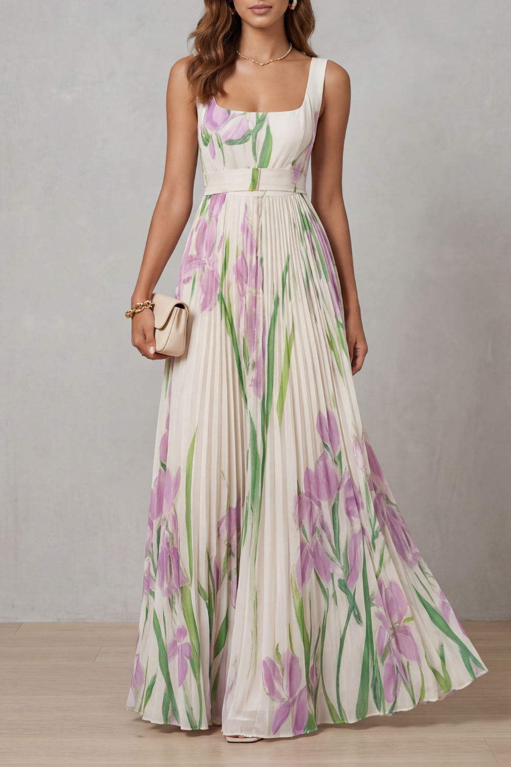 Vivienna – Robe longue plissée à motif floral aquarelle