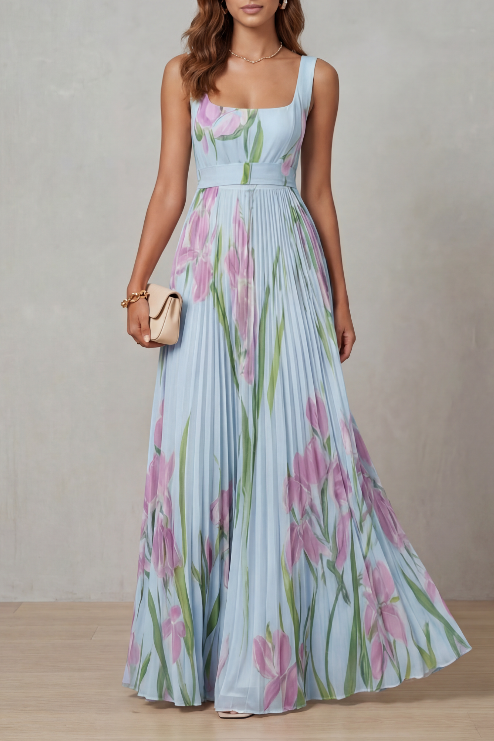 Vivienna – Robe longue plissée à motif floral aquarelle