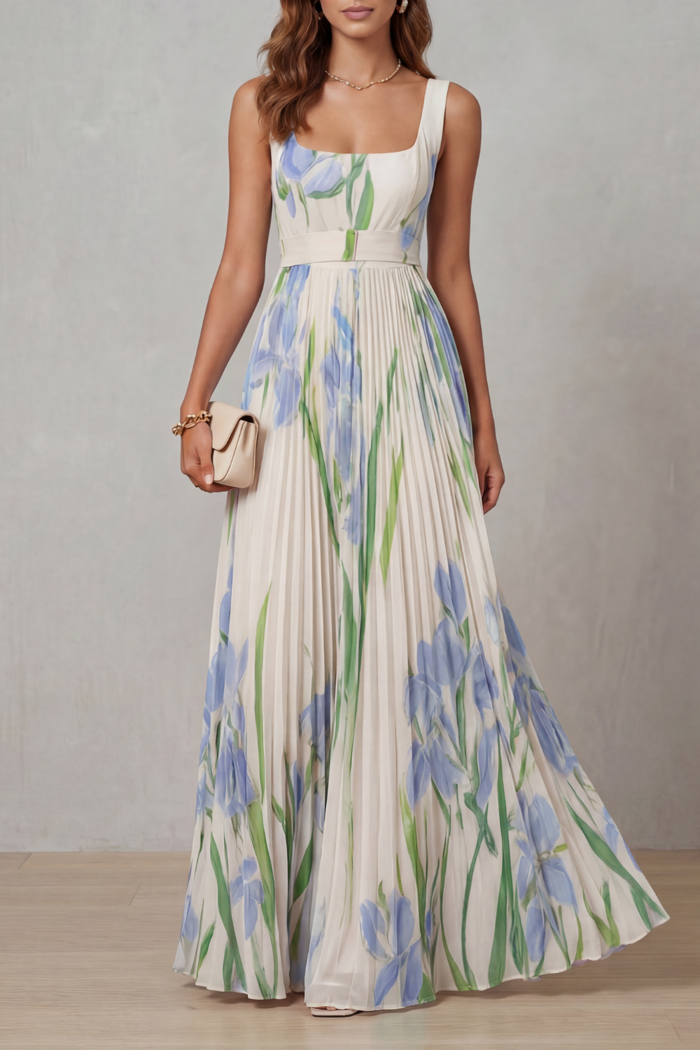Vivienna – Robe longue plissée à motif floral aquarelle