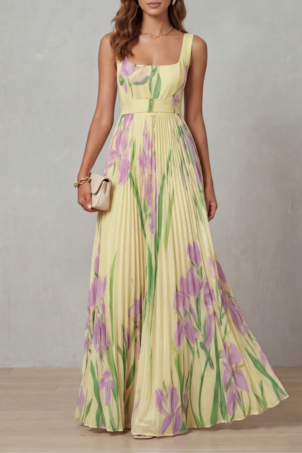 Vivienna – Robe longue plissée à motif floral aquarelle