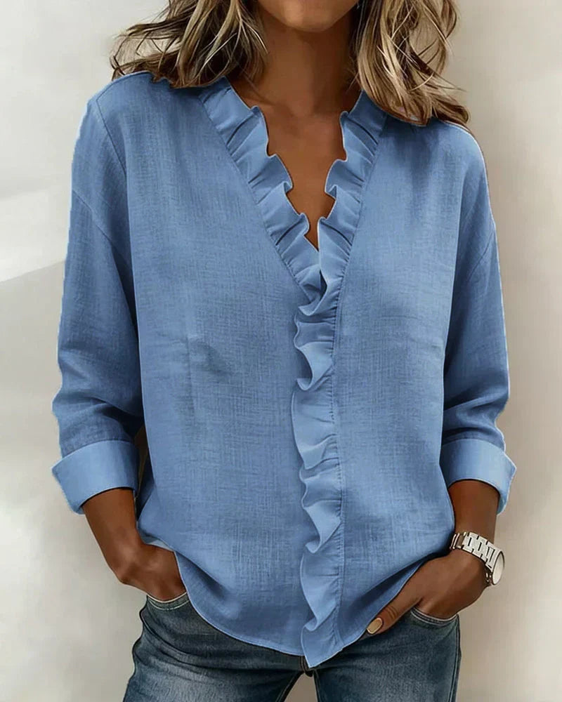 Indie | Blouse à volants, col en V et manches longues