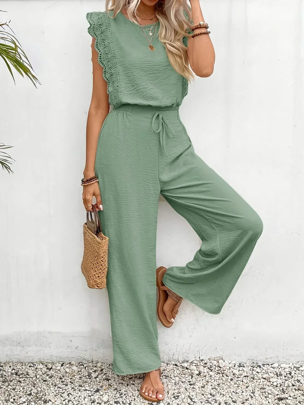 Zella Elegant Two-Piece Set | Lace-Trimmed Top and Wide-Leg Trousers