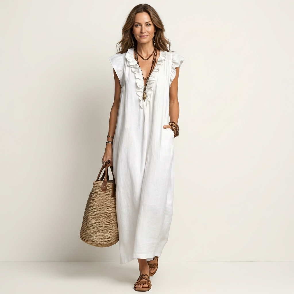 Josette | Robe longue à col en V et volants