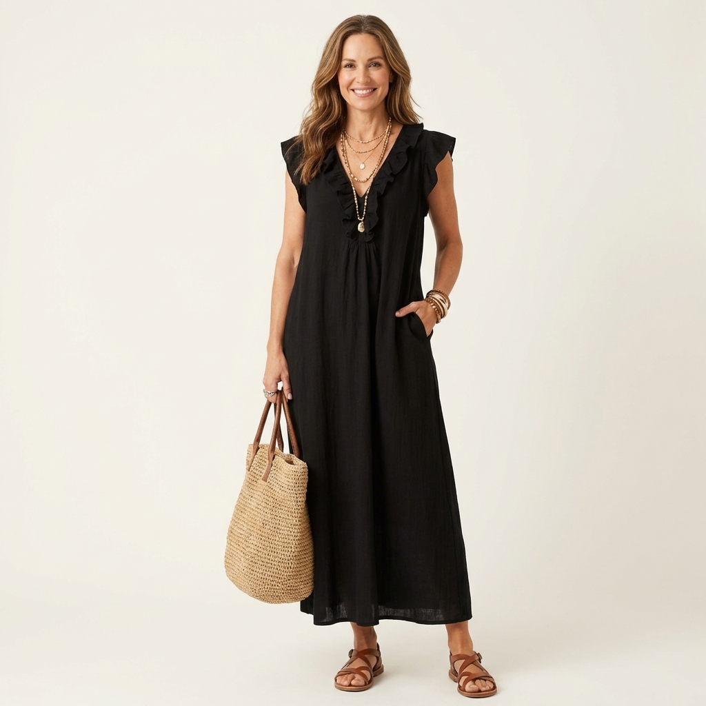 Josette | Robe longue à col en V et volants