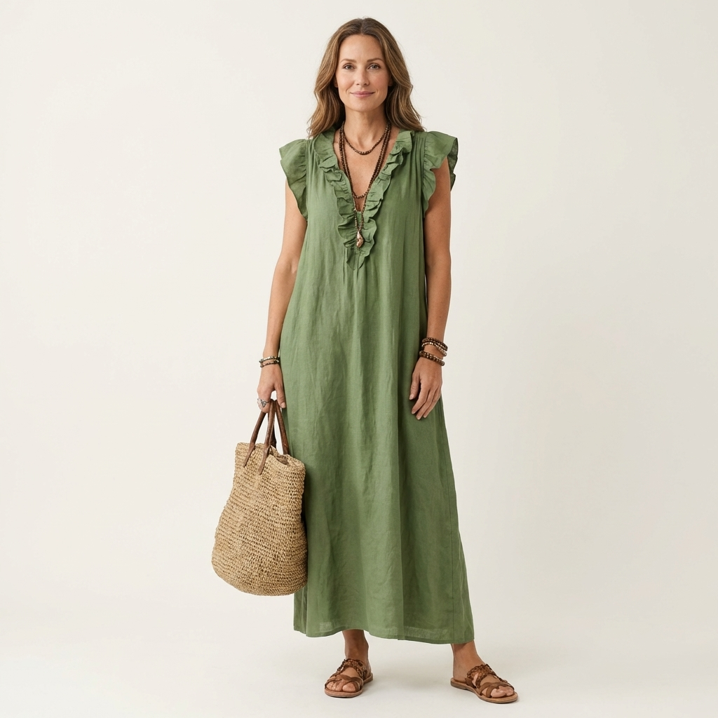 Josette | Robe longue à col en V et volants