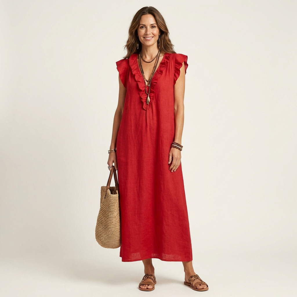 Josette | Robe longue à col en V et volants