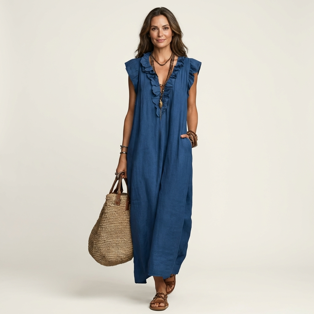 Josette | Robe longue à col en V et volants