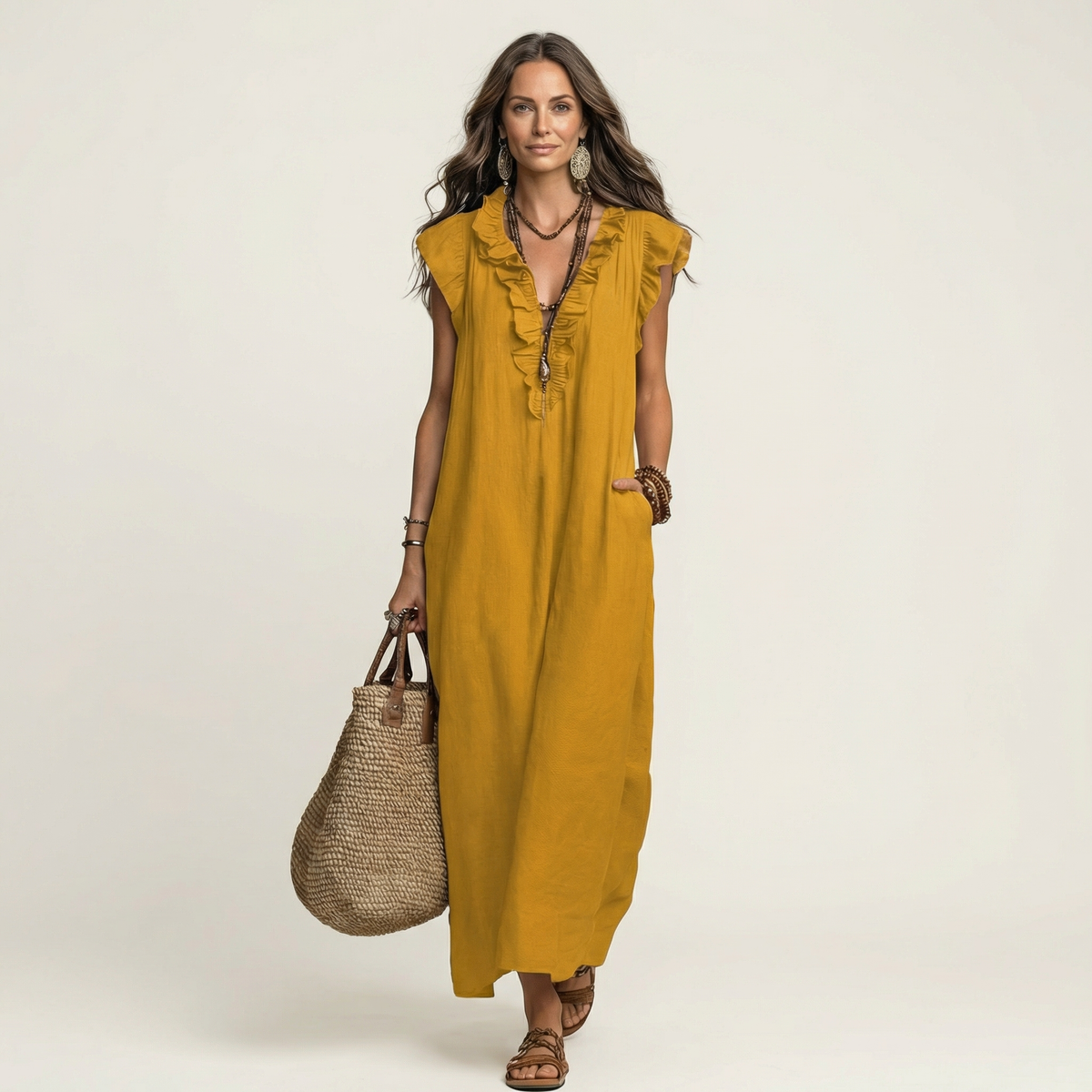 Josette | Robe longue à col en V et volants
