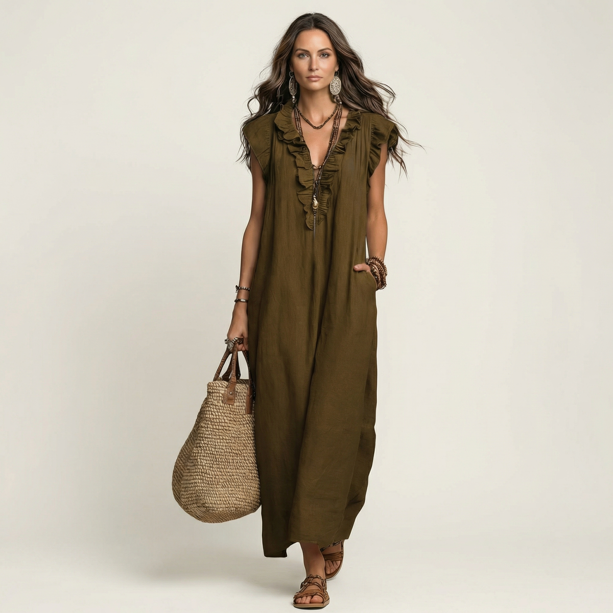 Josette | Robe longue à col en V et volants
