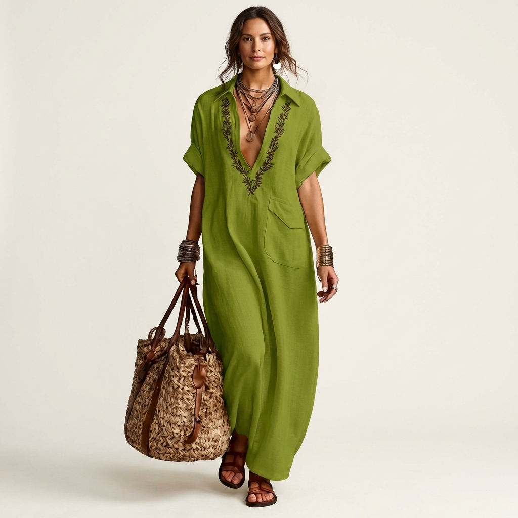 Amarina | Robe longue brodée à col en V