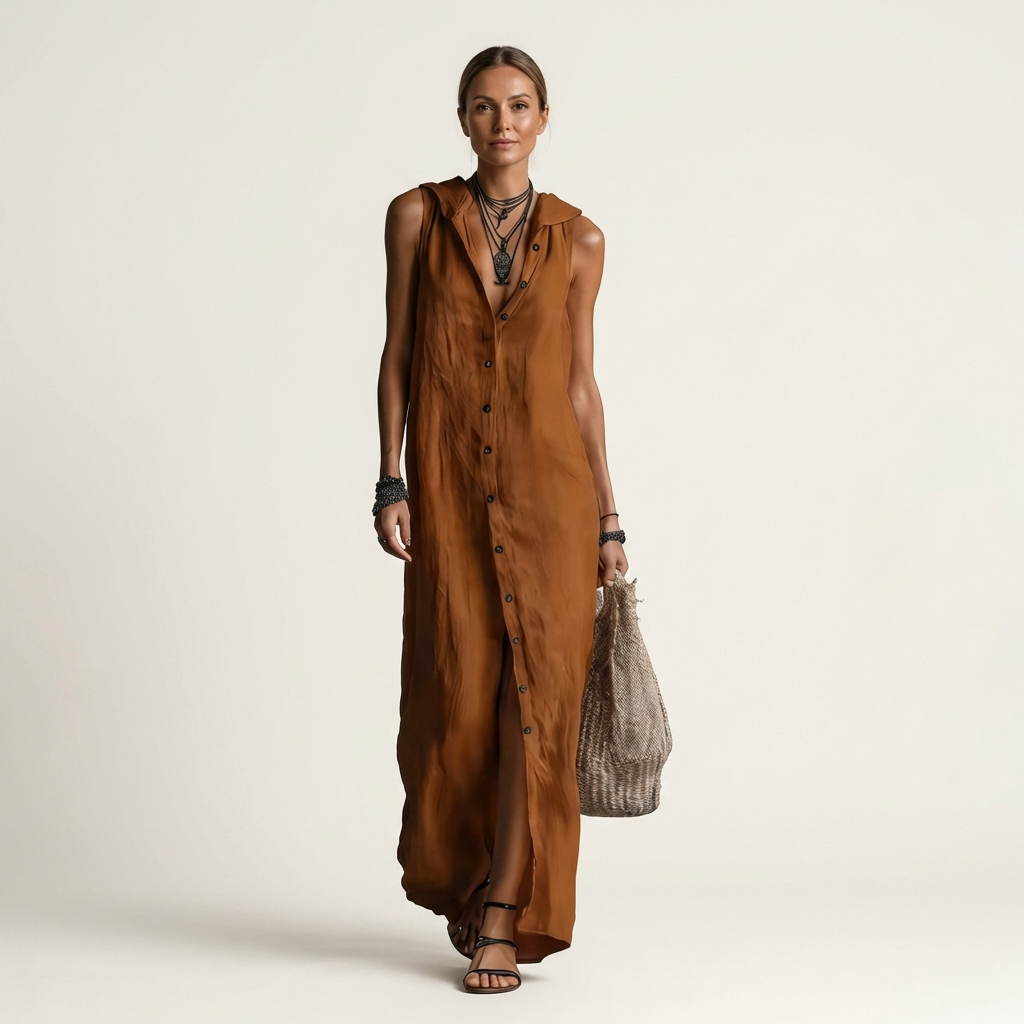 Mirabell | Robe longue sans manches à capuche boutonnée