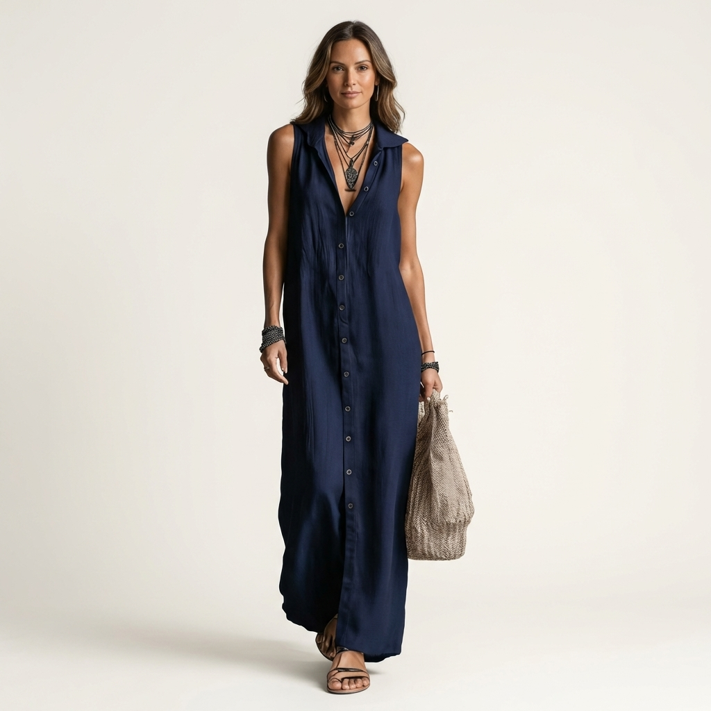Mirabell | Robe longue sans manches à capuche boutonnée
