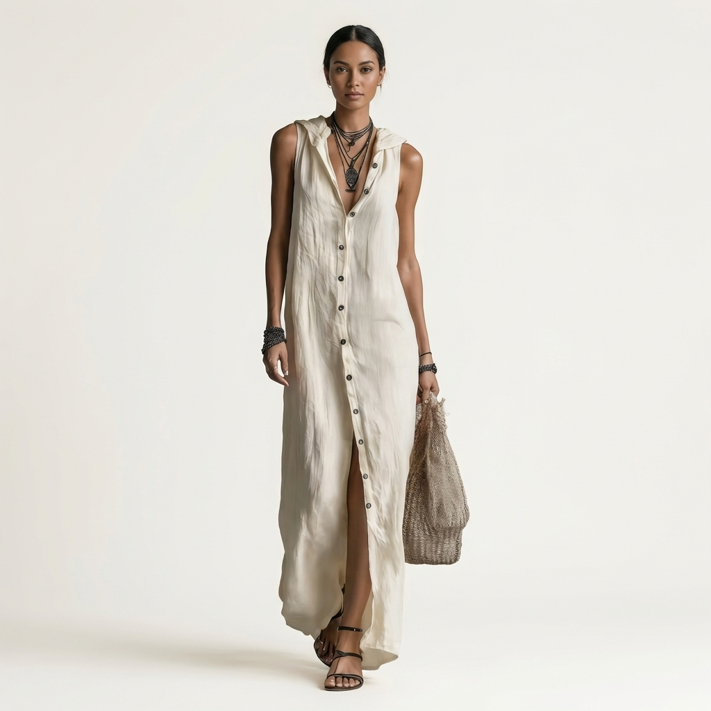 Mirabell | Robe longue sans manches à capuche boutonnée