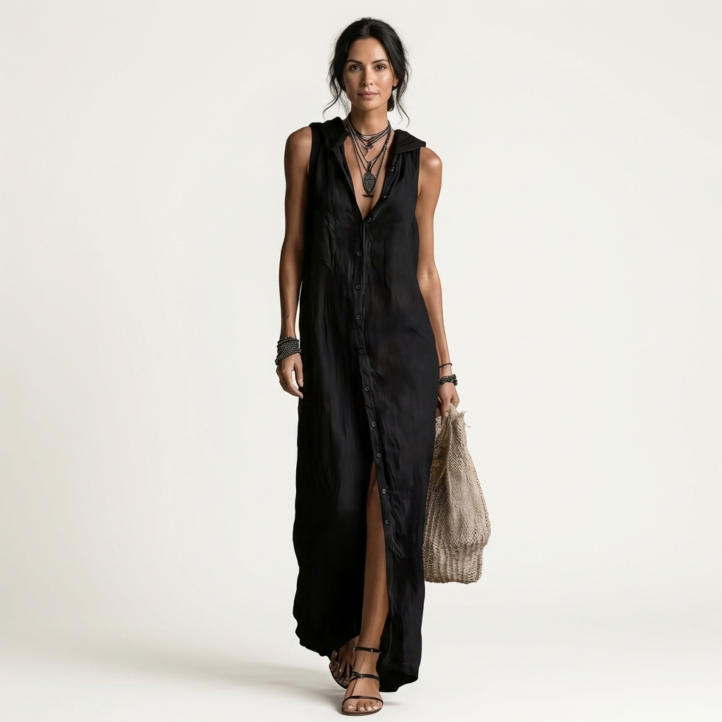 Mirabell | Robe longue sans manches à capuche boutonnée