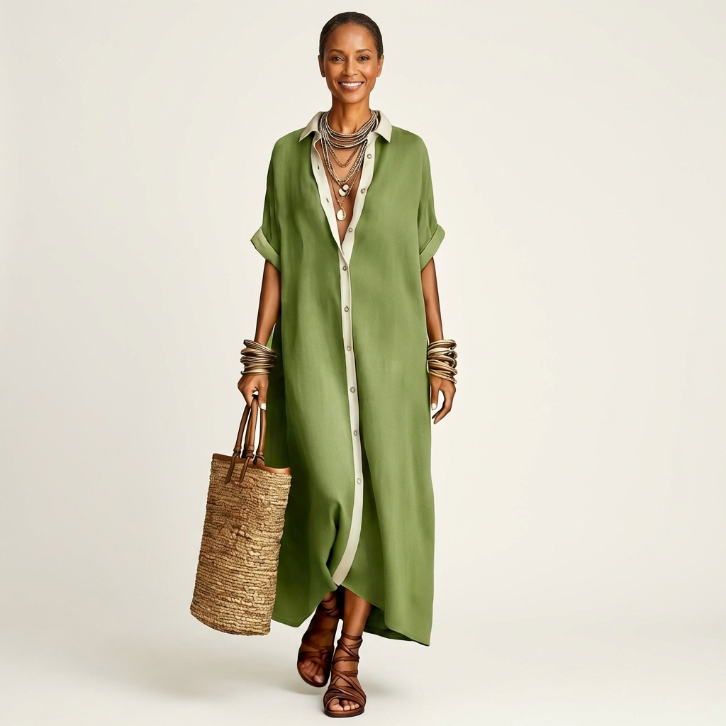 Kamira | Robe longue chemise boutonnée à manches courtes et col contrastant