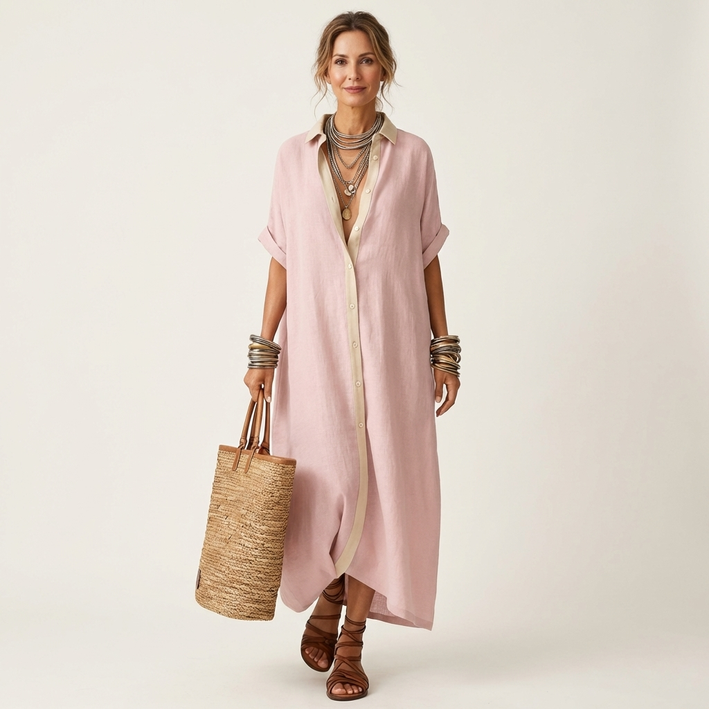 Kamira | Robe longue chemise boutonnée à manches courtes et col contrastant
