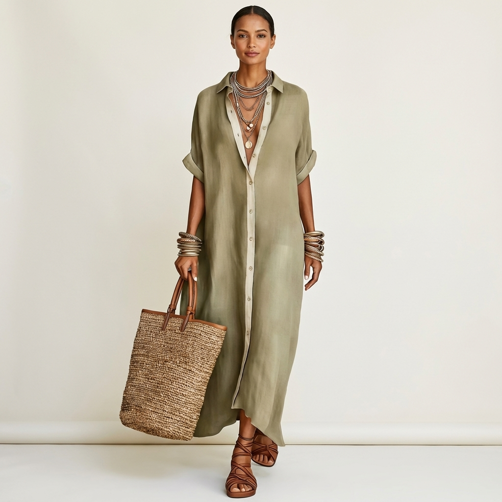 Kamira | Robe longue chemise boutonnée à manches courtes et col contrastant