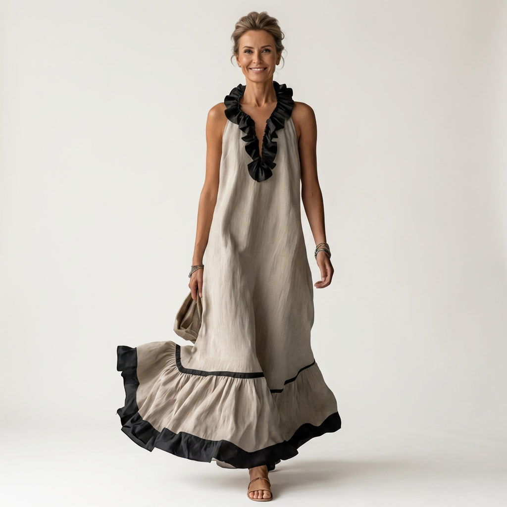Mayline | Robe longue sans manches à col volanté et liseré contrastant