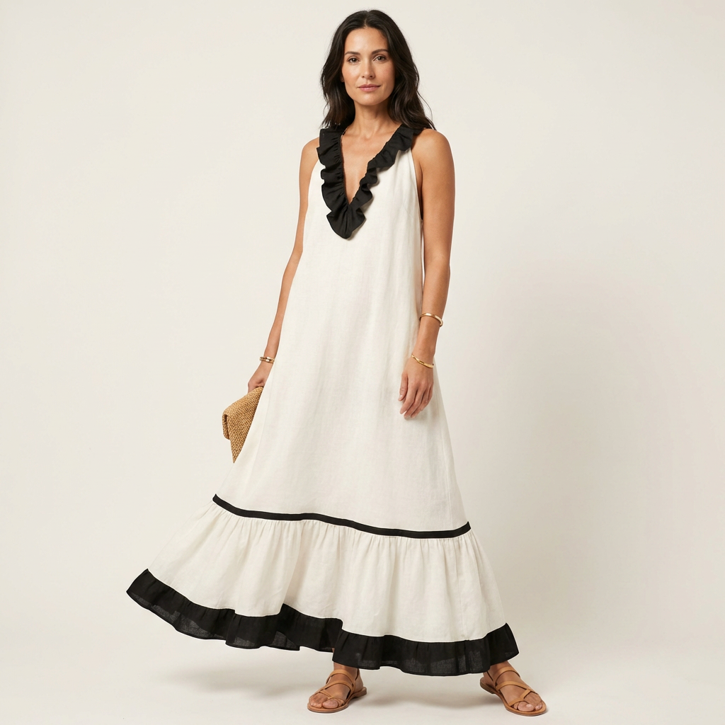 Mayline | Robe longue sans manches à col volanté et liseré contrastant