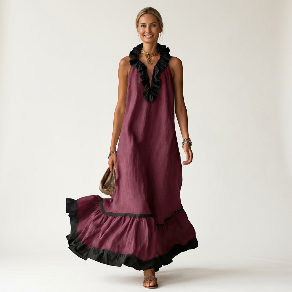 Mayline | Robe longue sans manches à col volanté et liseré contrastant