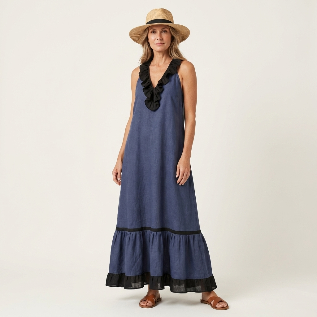 Mayline | Robe longue sans manches à col volanté et liseré contrastant