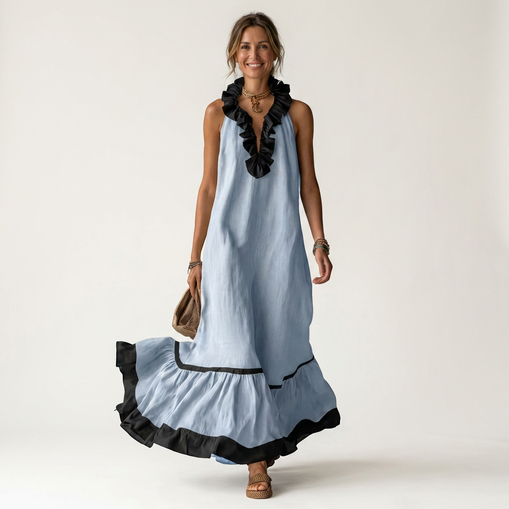 Mayline | Robe longue sans manches à col volanté et liseré contrastant