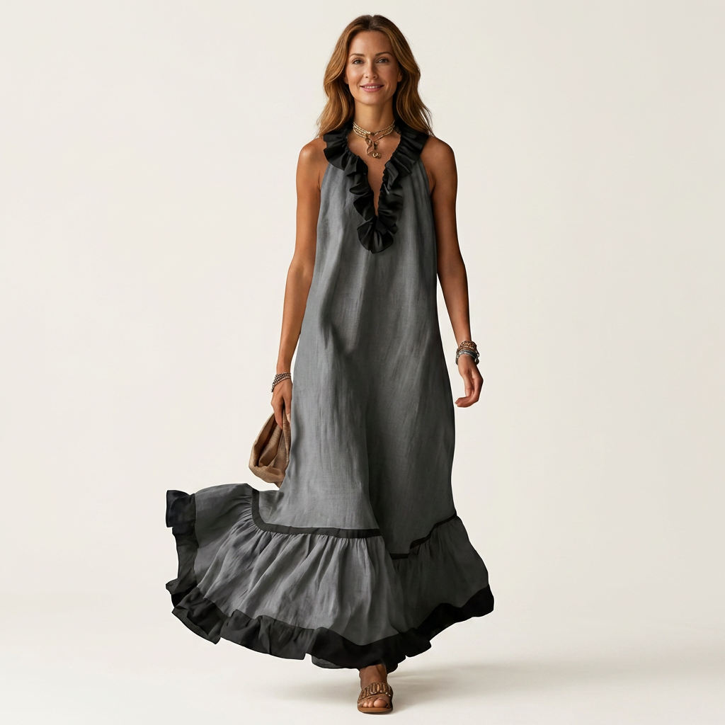 Mayline | Robe longue sans manches à col volanté et liseré contrastant